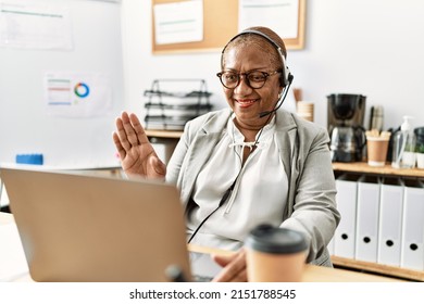 Senior African American Woman Call Center Agent Having Video Call At Office