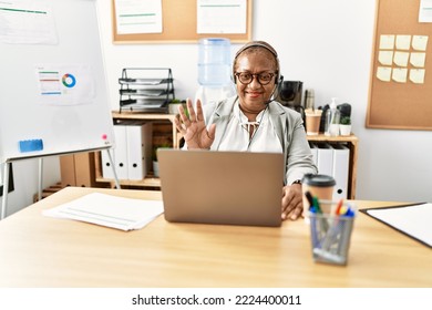 Senior African American Woman Call Center Agent Having Video Call At Office