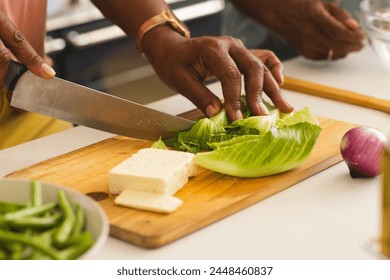 Senior African American woman slices lettuce on a wooden cutting board. She is preparing a meal, with tofu and a red onion nearby, showcasing healthy eating habits. - Powered by Shutterstock