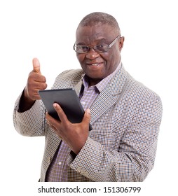 senior african man with tablet computer giving thumb up on white background