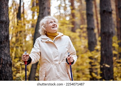 Senior aged woman standing with nordic walking poles in autumn park. Healthy lifestyle concept. Mature caucasian female resting after exercise outdoors, laughing smiling, enjoying time outdoors - Powered by Shutterstock