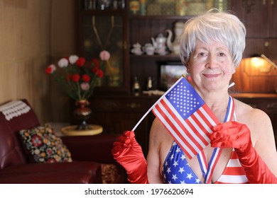 Senior American Woman Cheerleading In A Bikini