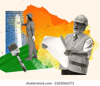 Senior architect, builder checking projects, looking at how girl painting wall. Architecture. Contemporary art collage. Concept of profession, occupation, work, creativity, job fair, hobby, ad - Powered by Shutterstock