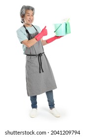 The Senior Asian Housekeeper Standing On The White Background.