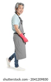 The Senior Asian Housekeeper Standing On The White Background.