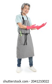 The Senior Asian Housekeeper Standing On The White Background.