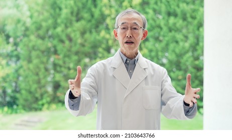 Senior Asian Man Explaining Something. Scientist. Professor.