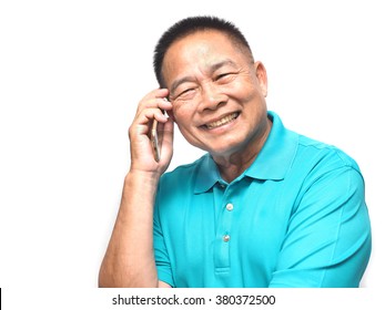 Senior Asian Man Smiling While Talking On The Phone Isolated On White Background.