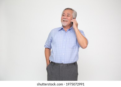 Senior Asian man talking on her mobile phone isolated on white background, Conversation on telephone concept