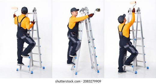 Senior Asian Man wear Orange uniform shirt hat and glove as painter labor with metal tall ladder. Full length of short small male hold brush painting roller many views, white background isolated