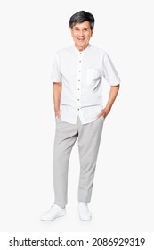 Senior Asian Man In White Collarless Shirt Apparel Full Body