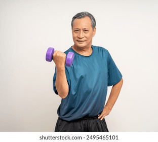 Senior asian old man with sportswear lifting dumbbells on isolated white background. Happy healthy fit and firm attractive sporty mature man standing pose exercise workout in studio. - Powered by Shutterstock