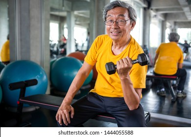 Senior Asian Sport Man Lifting Dumbbells In Fitness Gym . Elder Male Exercising ,  Working Out , Training Weights, Healthy ,Retirement , Older, Looking Camera