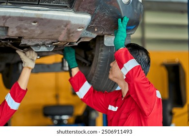 Senior asian technician man and team working to repair customer car while the car hanging on power lift in car garage , Car garage service by professional staff service. - Powered by Shutterstock