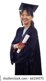 Senior Asian Woman With Graduation Cap And Gown Holding Diploma Isolated Over White