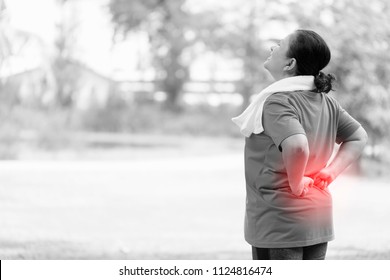 Senior Asian Woman Suffering From Backache While Exercise On Park Outdoors. Mature Woman With Backache,Lower Back Pain. People ,health Care Or Medical And Lifestyle Concept