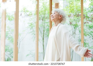 Senior Asian Woman Sun Bathing In The Living Room
