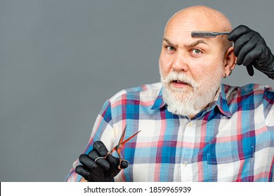 Senior Bearded Man. Portrait Of Vintage Old Barber. Barber Scissors And Straight Razor In Barbershop. Retro Barbershop, Shaving. Hair Dresser