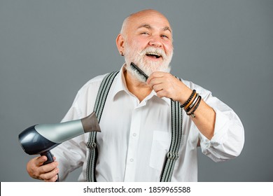 Senior Bearded, Old Man Care Beard. Portrait Of Vintage Barber. Hair Dryer. Retro Barbershop, Shaving. Hair Dresser. Beard Care