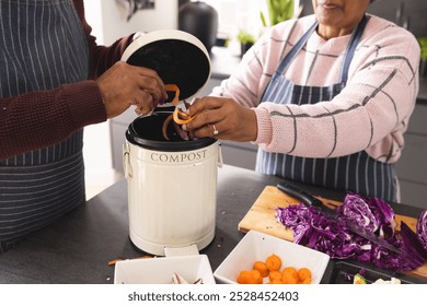 Senior biracial couple wearing aprons composting food waste in kitchen at home. Senior lifestyle, retirement, ecology, food, cooking and domestic life, unaltered. - Powered by Shutterstock