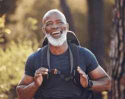 Senior Black Man Hiking In Nature For Outdoor Discovery, Fitness Walking And Forest Travel Journey. Happy Hiker Person Trekking In Woods For Retirement Health, Cardio Wellness And Camper Holiday
