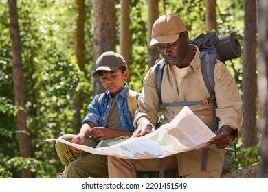 Senior Black Man And His Grandson In Activewear Looking At Map Of Local Area While Sitting In The Forest Among Pine Trees During Hike