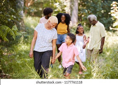 Senior Black Woman Walking With Grandson And Family In Woods