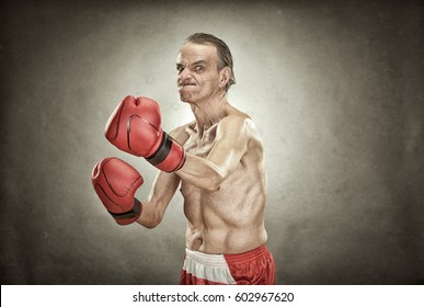 Senior Boxer Man With Red Gloves Old Portrait On Textured Background