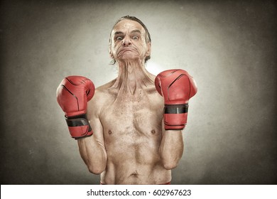 Senior Boxer Man With Red Gloves Old Portrait On Textured Background