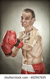 Senior Boxer Man With Red Gloves Old Portrait On Textured Background