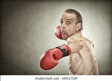 Senior Boxer Man With Red Gloves Old Portrait On Textured Background