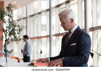 Senior Business Man Reading Magazine At Modern Bright Office