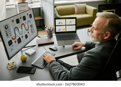 Senior business professional examining detailed data charts on office desk surrounded by multiple electronic devices, capturing intricate work processes and high-level analysis