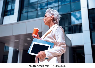 Senior Business Woman With Coffee And Tablet Computer With Documents. Stylish Older Grey Hair Woman In Front Of Corporate Urban  Office Glass Building. Side  View. Copy Space