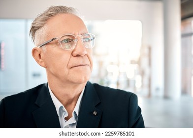 Senior businessman, thinking and vision for corporate idea, strategy or wondering about project plan at the office. Elderly male manager or CEO contemplating company finance, mindset or mission - Powered by Shutterstock