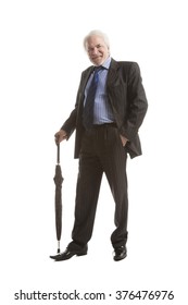 Senior businessman with umbrella  isolated over white background