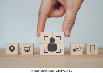 senior businessman's hand complete  crop icon, people inside  on wood cube   for Buyer persona and target customer concept. Buyer or customer psychology profile or characteristics - Shutterstock ID 2145924761