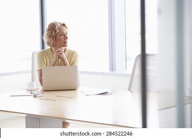 Senior Businesswoman Working On Laptop At Boardroom Table