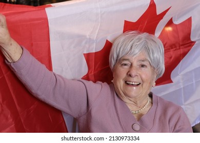 Senior Canadian Citizen Proud With Her Flag 