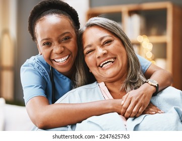 Senior care, hug and portrait of nurse with patient for medical help, healthcare or physiotherapy. Charity, volunteer caregiver and face of black woman at nursing home for disability rehabilitation