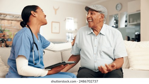 Senior care, nurse and happy man on sofa for support, medical success and update in home. Female caregiver, elderly patient and discussion on couch for healthcare, positive results and good news - Powered by Shutterstock