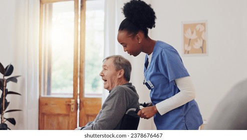 Senior care, nurse and old man with wheelchair, smile and help in healthcare at nursing home. Support, kindness and caregiver with elderly person with disability for homecare, retirement and service. - Powered by Shutterstock