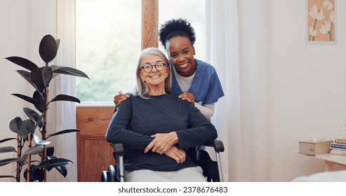 Senior care, nurse and old woman with wheelchair, portrait and smile in health at nursing home. Support, kindness and happy face of caregiver with elderly person with disability for homecare service. - Powered by Shutterstock