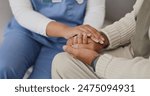 Senior care, support or nurse holding hands with person for healthcare service, wellness or empathy. Sympathy, closeup and caregiver helping for comfort, trust or patient for medical check or nursing