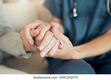 Senior care, woman and nurse or hand for support, assisted living and nursing home or retirement comfort. Caregiver, elderly patient and professional, illness management and wellness service in house - Powered by Shutterstock