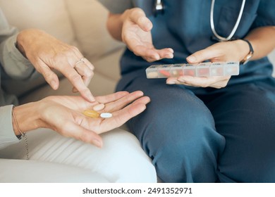 Senior care, woman and nurse with pills in house, illness management and discussion with medication. Nursing home, medical insurance and caregiver for hands, pharmaceutical and wellness service - Powered by Shutterstock