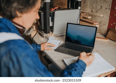 Senior carpenter writing on his notebook with laptop on the desk small internet banking concept. Carpenter using internet banking on laptop in wood workshop. Senior man paying bills on internet. - Powered by Shutterstock