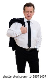 Senior Caucasian Business Man 55-60 Years Old, Holding Jacket Over His Shoulder And Hand In Pocket Isolated On White Background. Studio Shot.