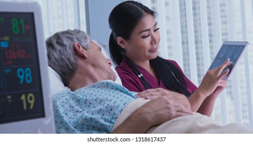 Senior Caucasian Male Patient In Hospital Bed Asking Questions About Brain Scans To Japanese Woman Doctor. Medical Professional Showing Medical Images To Older Man On Tablet Screen