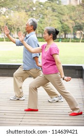 Senior Chinese Couple Doing Tai Chi In Park